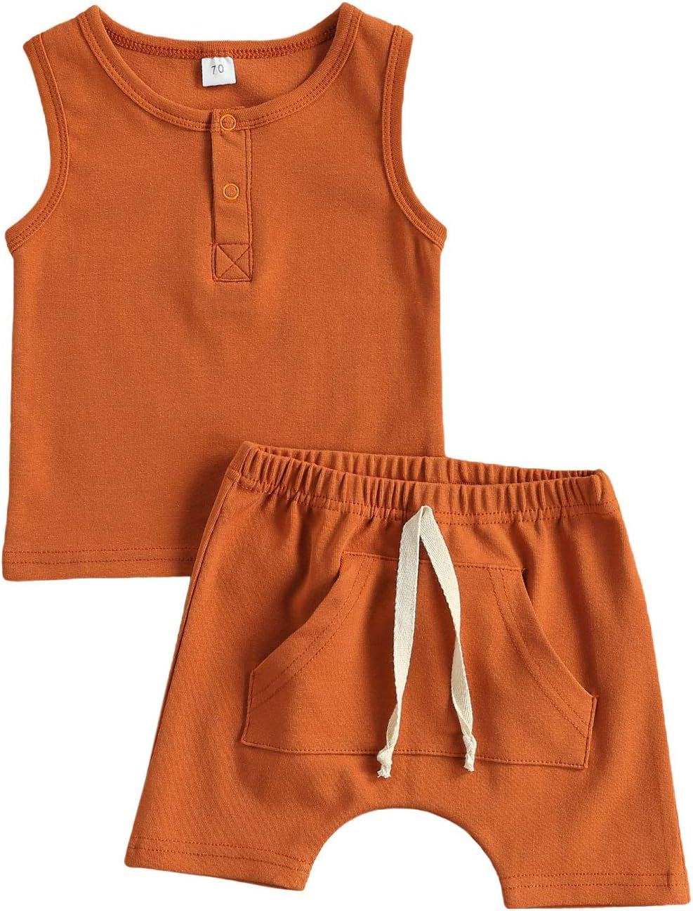 Infant Baby Boy Summer Clothes Solid Outfit Button Cotton Tops Pocket Drawstring Shorts 2Pcs