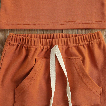Infant Baby Boy Summer Clothes Solid Outfit Button Cotton Tops Pocket Drawstring Shorts 2Pcs
