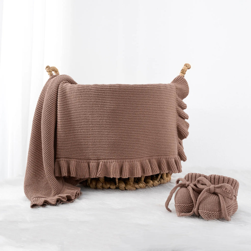 Ruffled Edge Knit Baby Blanket in Mocha