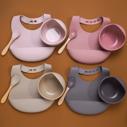 3PSC Food Grade Silicone Baby Feeding Set Baby Suction Bowl Waterproof Bibs Infant Tableware For Babies Newborn Baby Stuff