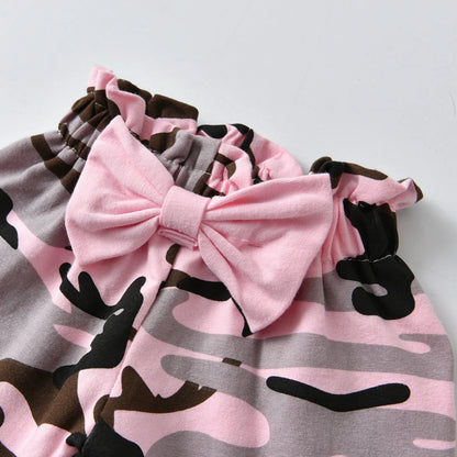 Fashion Infants Girl Baby 3Pcs Clothing Sets Letter Print Bodysuit  Top + Camouflage Long Pants with Bow Headband Newborn Outfit