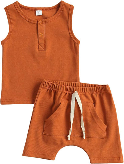Infant Baby Boy Summer Clothes Solid Outfit Button Cotton Tops Pocket Drawstring Shorts 2Pcs